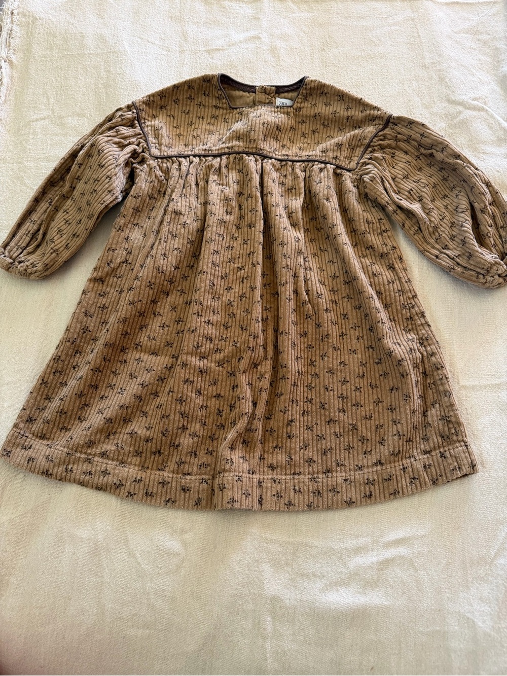 Zara Brown Floral Corduroy Puff-Sleeve Dress